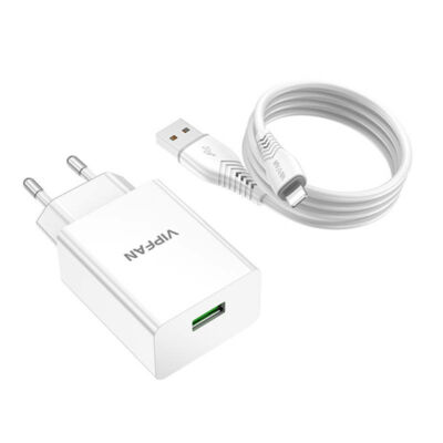 Vipfan  hálózati töltőadapter+ Lightning kábel , E03, 1x USB, 18W, QC 3.0, fehér