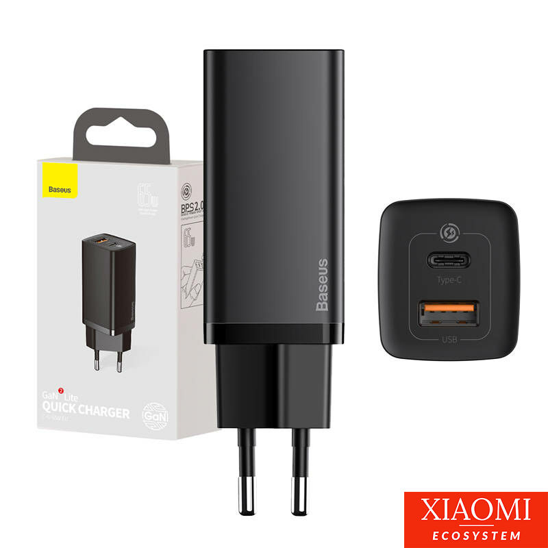 Baseus GaN2 Lite fali töltő, USB + USB-C, 65 W, EU (fekete)