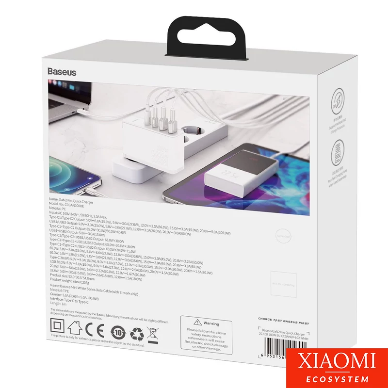 Baseus GaN2 Pro fali töltő, 2x USB + 2x USB-C, 100W, EU (fehér)