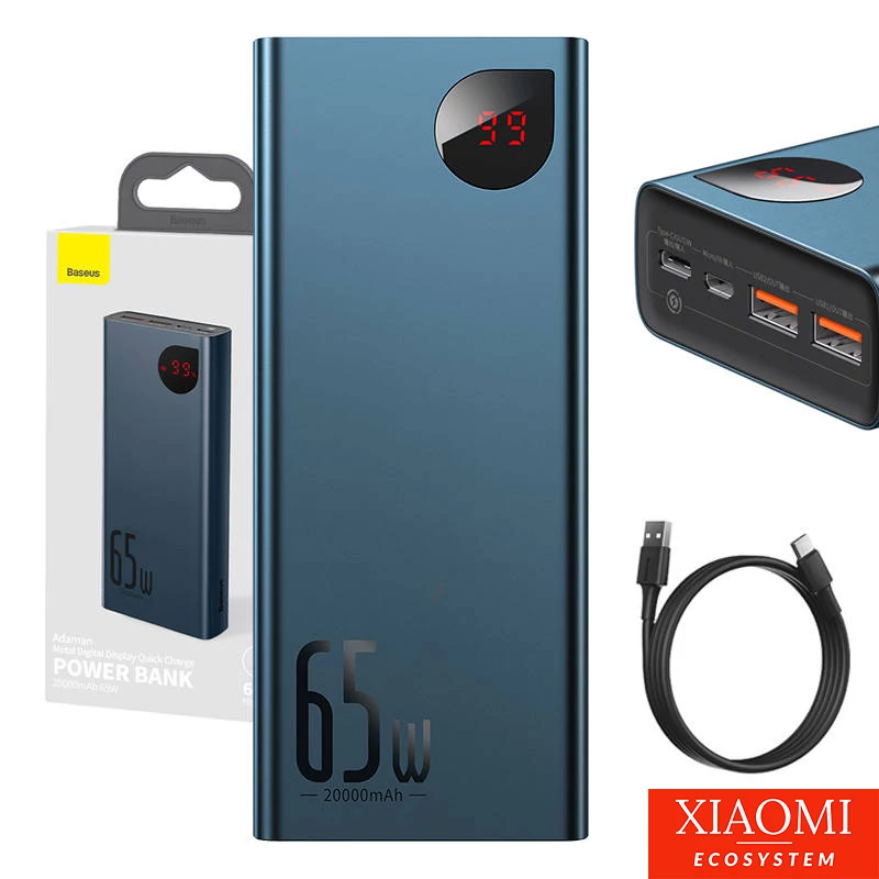 Baseus Adaman Metal Powerbank 20000mAh, PD, QC 3.0, 65W, 2xUSB + USB-C + mikro USB, (kék)