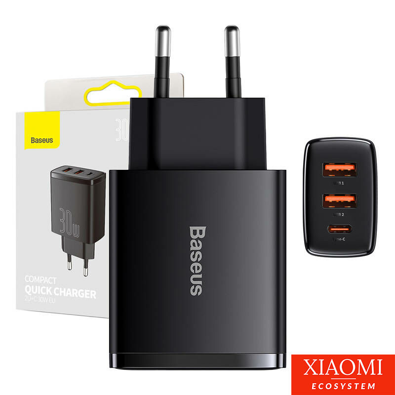 Baseus kompakt gyorstöltő, 2xUSB, USB-C, PD, 3A, 30 W (fekete)