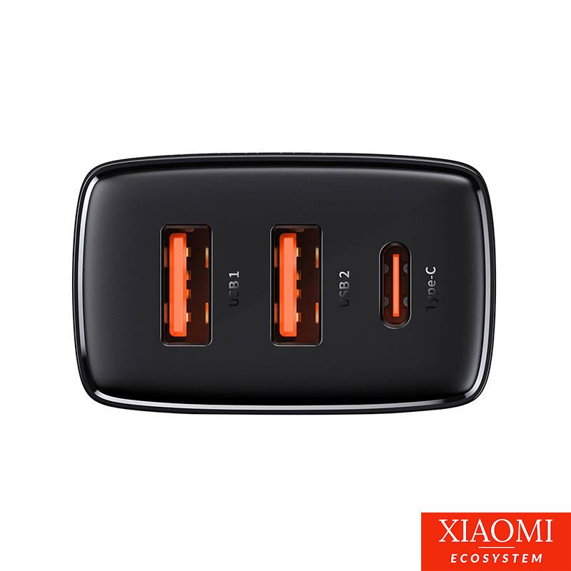 Baseus kompakt gyorstöltő, 2xUSB, USB-C, PD, 3A, 30 W (fekete)