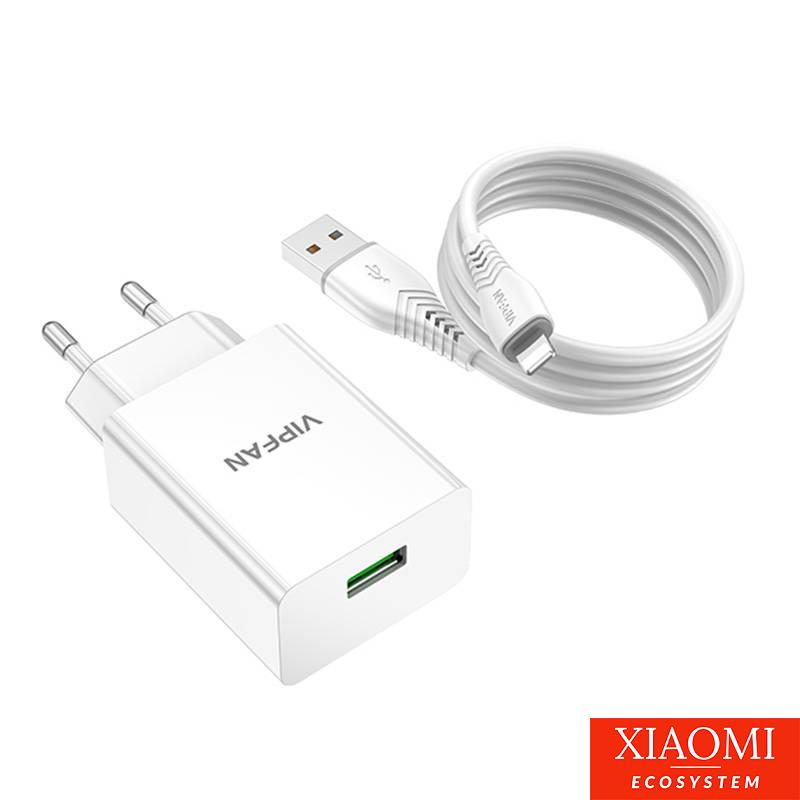 Vipfan  hálózati töltőadapter+ Lightning kábel , E03, 1x USB, 18W, QC 3.0, fehér